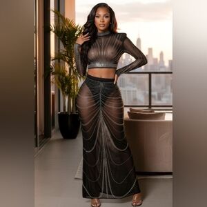 Marcela Rhinestone Detailed Mesh Top And Maxi Skirt Set